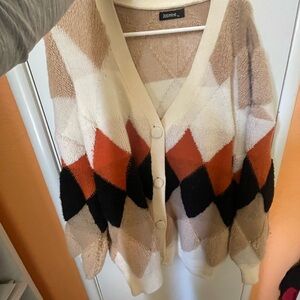 Vintage Women's Colorful Diamond Cardigan - Black, Orange, Cream